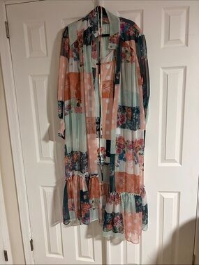 Sheer Floral & Polka Dot Duster Dress - Mint, Peach, Navy